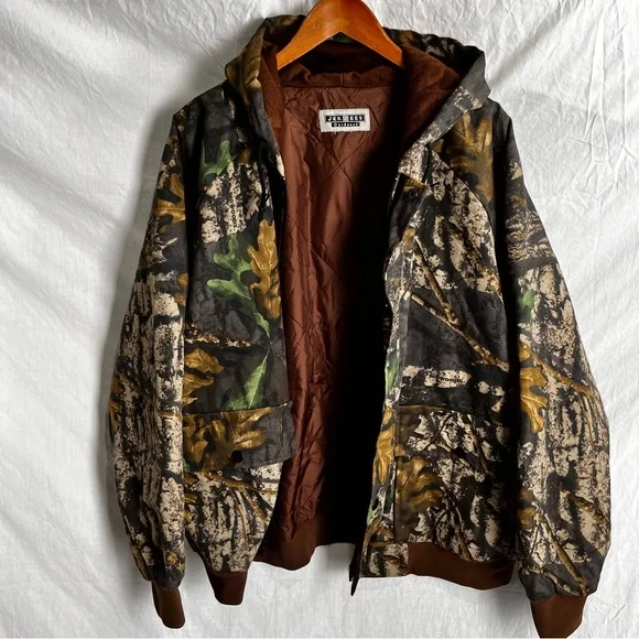 Vintage Jerzees Outdoors Jacket Men L Big Wood Camo Hooded Bomber Quilt Lined
